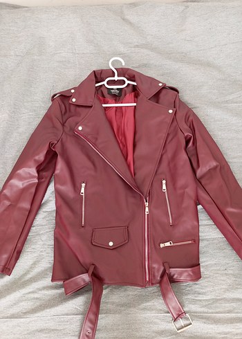 Bordo Deri Kemerli Kadın Ceket - Görsel 4