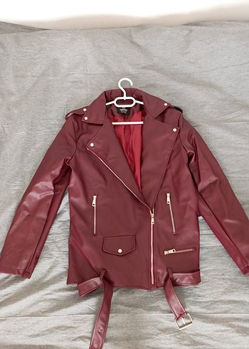 Bordo Deri Kemerli Kadın Ceket - Görsel 3
