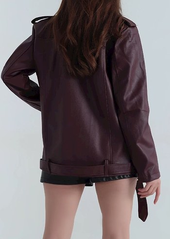 Bordo Deri Kemerli Kadın Ceket - Görsel 7