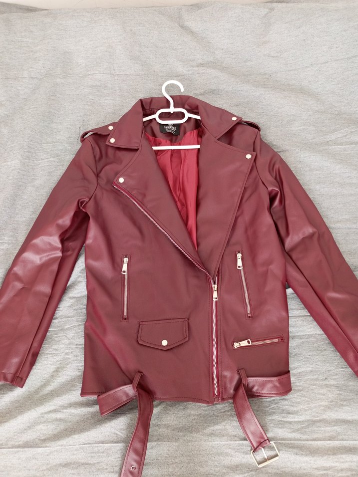 Bordo Deri Kemerli Kadın Ceket - Görsel 4