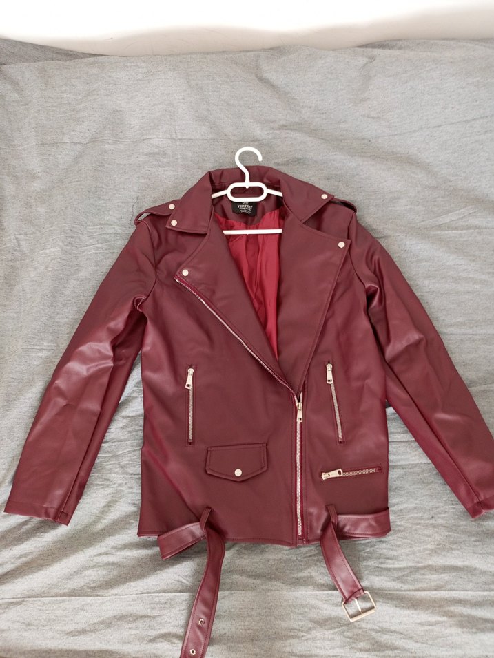 Bordo Deri Kemerli Kadın Ceket - Görsel 3