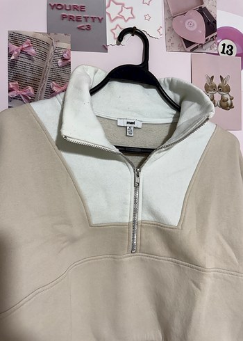 Mavi Bej Fermuarlı Yüksek Yakalı Sweatshirt