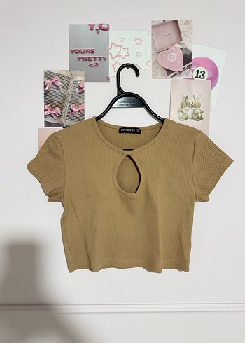 Bej Kısa Kollu Crop Top, Mini Kesim
