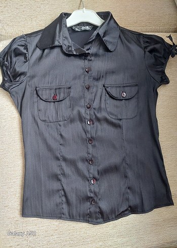 Düğmeli Kısa Kollu Siyah Gotik Kadın Gömlek - Görsel 3