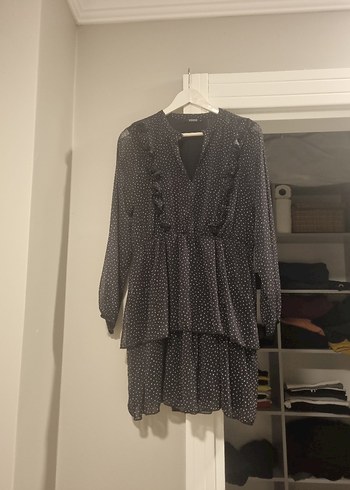 Gri Puantiyeli Uzun Kollu Salaş Elbise - Görsel 2