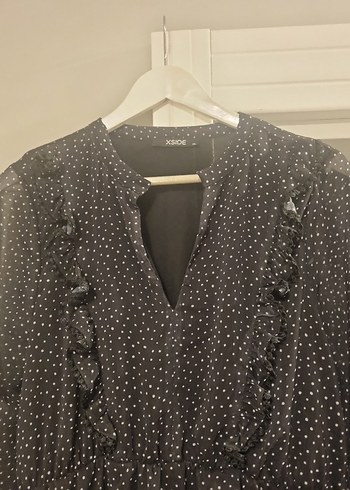 Gri Puantiyeli Uzun Kollu Salaş Elbise - Görsel 3