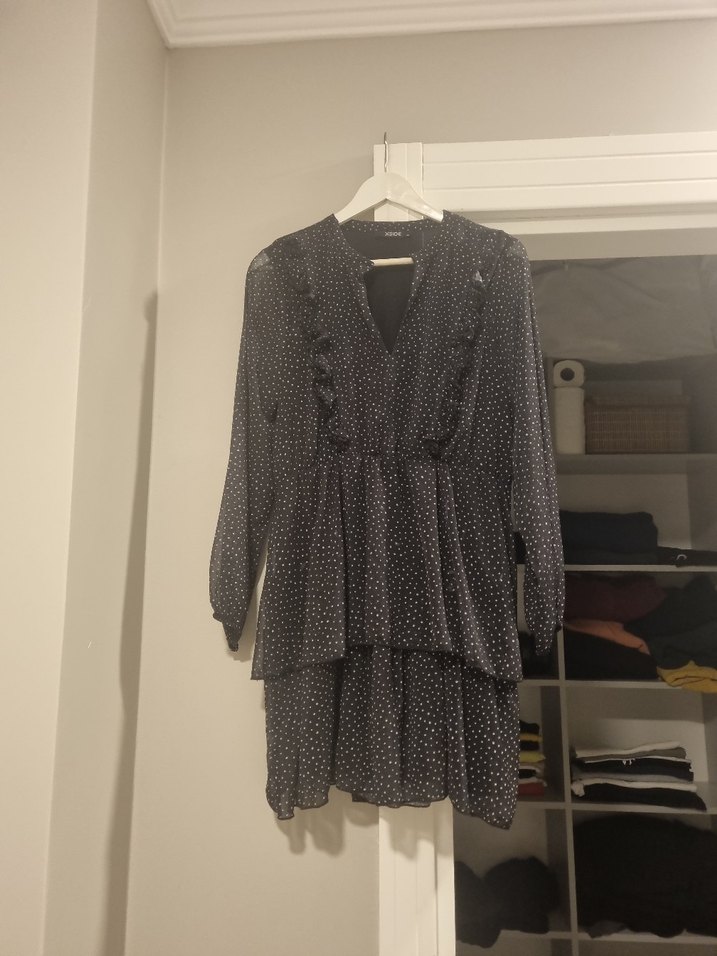 Gri Puantiyeli Uzun Kollu Salaş Elbise - Görsel 2