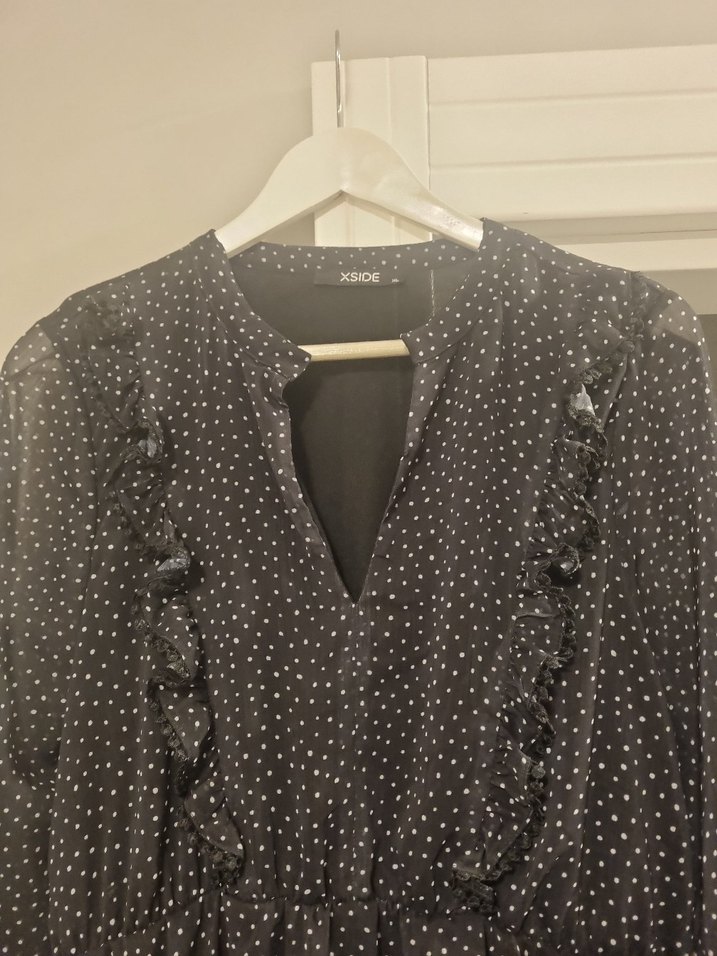 Gri Puantiyeli Uzun Kollu Salaş Elbise - Görsel 3