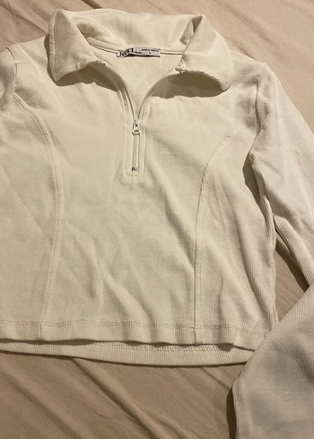 Beyaz Fermuarlı Uzun Kollu Kadın Bluz - Görsel 2