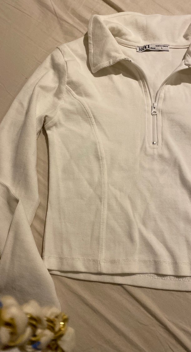 Beyaz Fermuarlı Uzun Kollu Kadın Bluz - Görsel 4