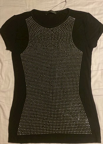 Siyah Kadın Kısa Kollu ışıltılı Tişört - Görsel 2