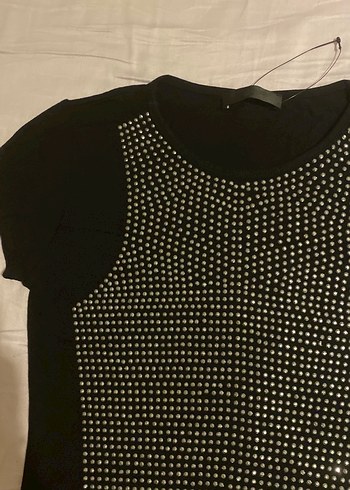 Siyah Kadın Kısa Kollu ışıltılı Tişört - Görsel 3