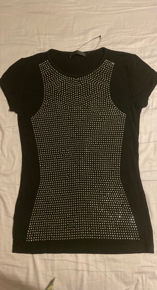 Siyah Kadın Kısa Kollu ışıltılı Tişört - Görsel 2