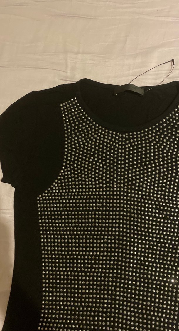 Siyah Kadın Kısa Kollu ışıltılı Tişört - Görsel 3