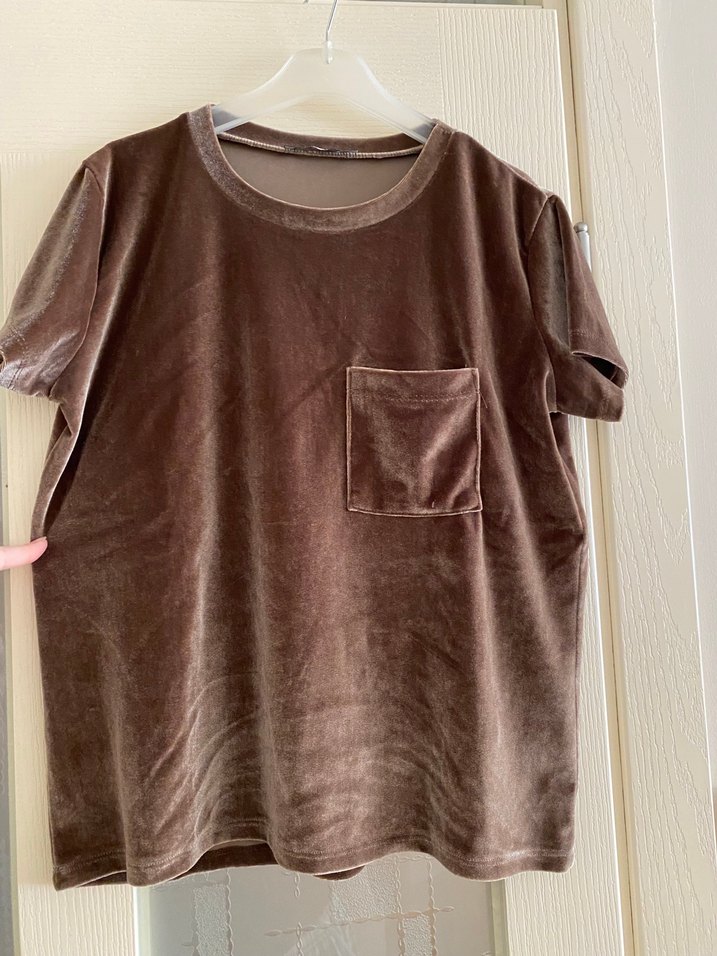Kadın Kahverengi kadife Kısa Kollu Tişört - Görsel 4
