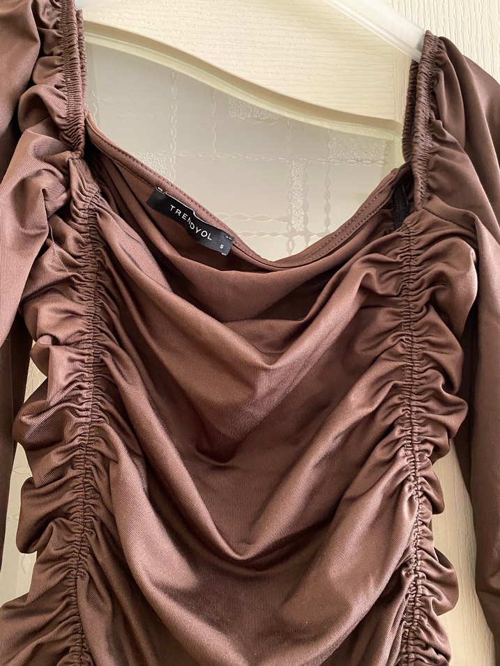 Kahverengi Drapeli Uzun Kollu Kadın Bluz - Görsel 3
