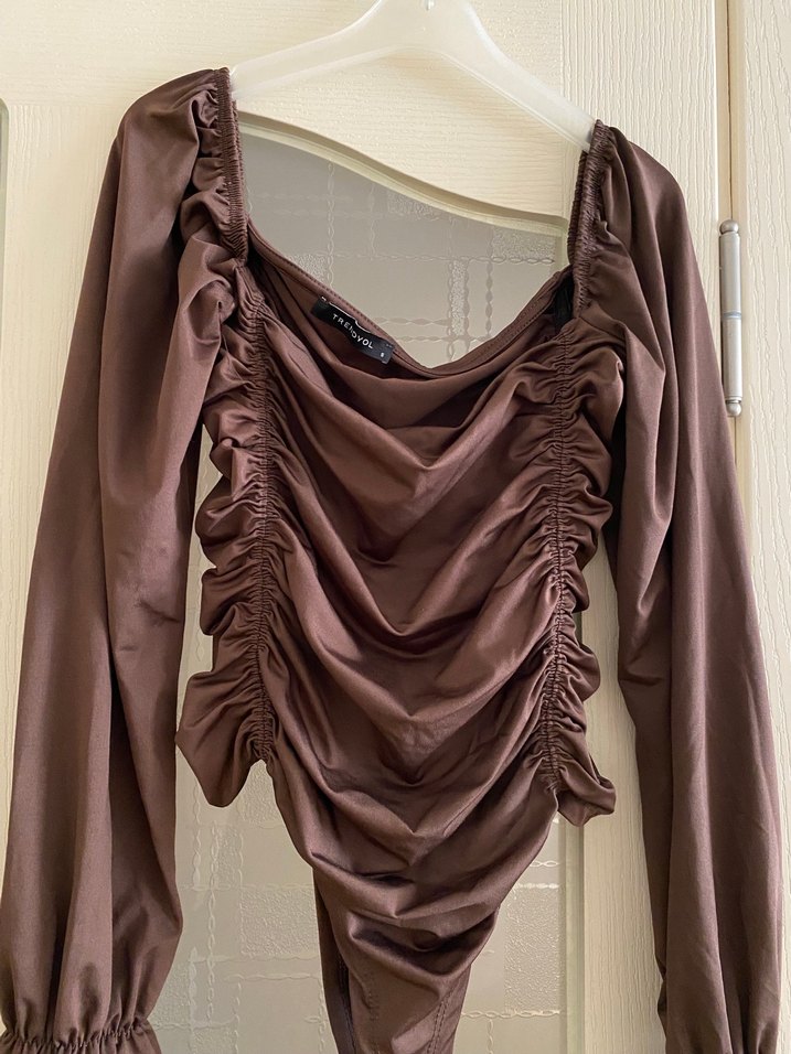 Kahverengi Drapeli Uzun Kollu Kadın Bluz - Görsel 4