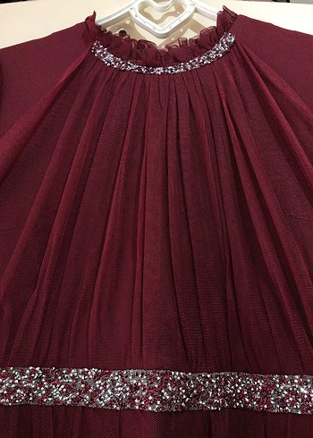 Bordo Uzun Kollu Drapeli Abiye Elbise - Görsel 2