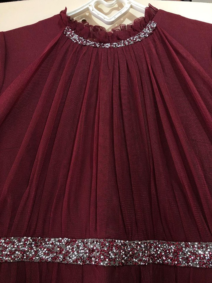 Bordo Uzun Kollu Drapeli Abiye Elbise - Görsel 2