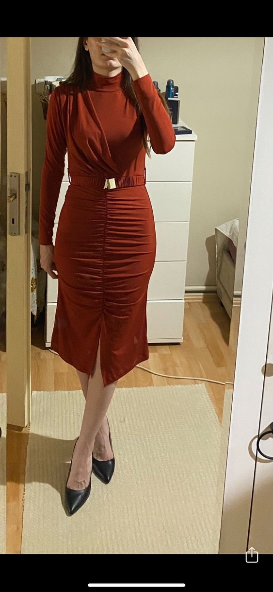 Kiremit Drapeli Uzun Kadın Elbise - Görsel 5