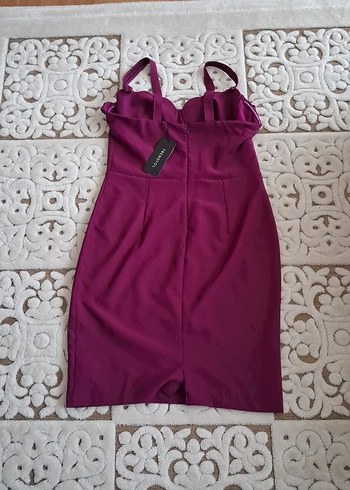 Bordo Drapeli Straplez Midi Elbise - Görsel 3