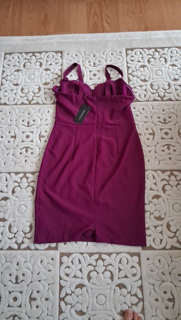 Bordo Drapeli Straplez Midi Elbise - Görsel 3