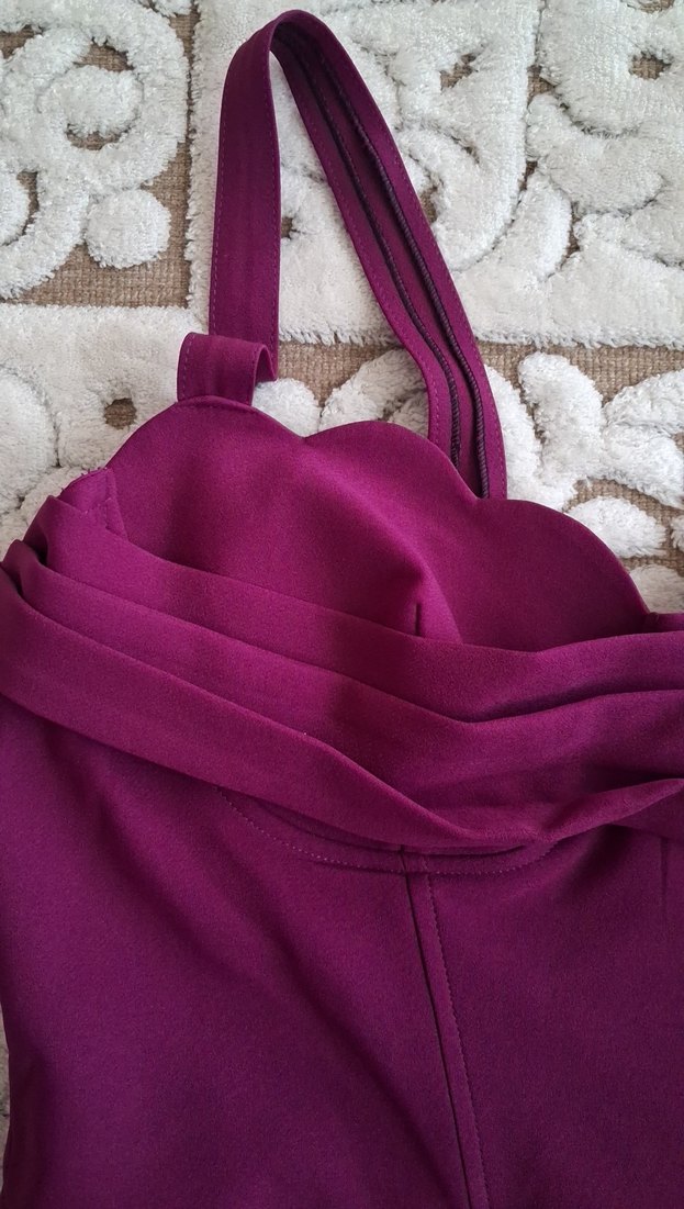 Bordo Drapeli Straplez Midi Elbise - Görsel 2