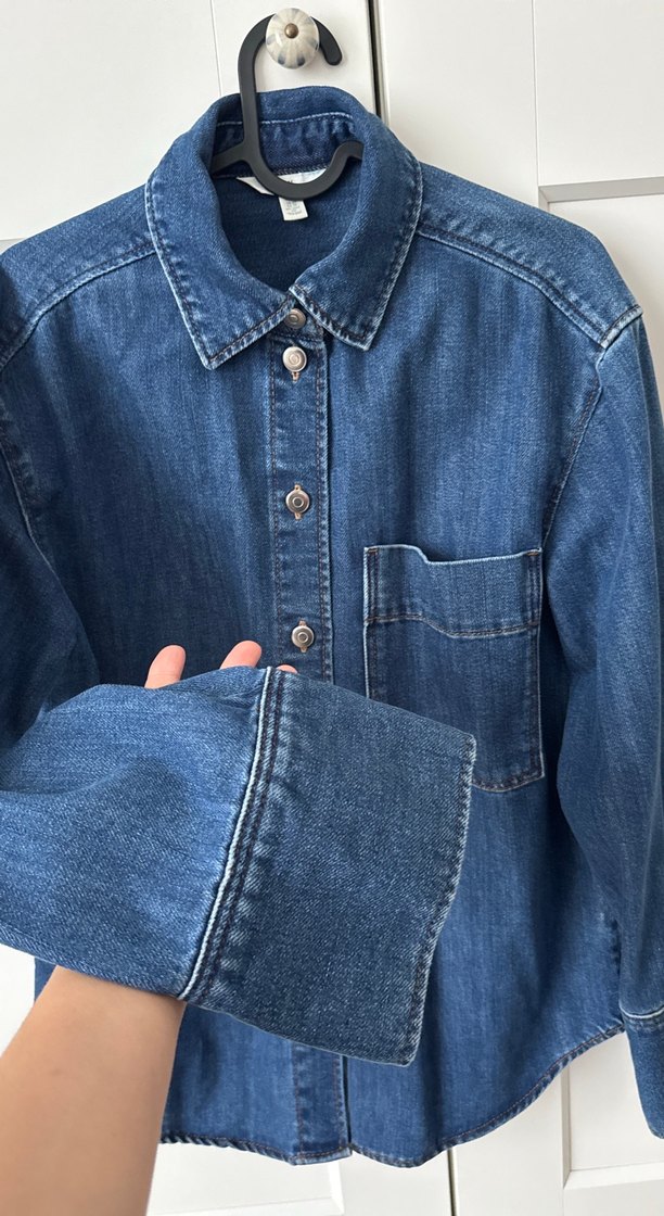 H&M Düğmeli Mavi Kadın Denim Gömlek - Görsel 2