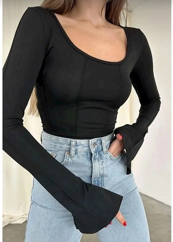 H&M Siyah Deri Uzun Kollu Kadın Bluz