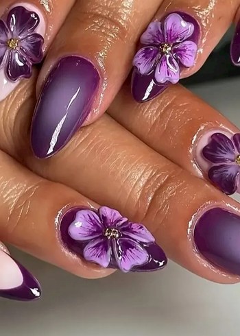 Morun en zarif tonlarıyla buluşan çiçek detaylı protez tırnak - Görsel 2