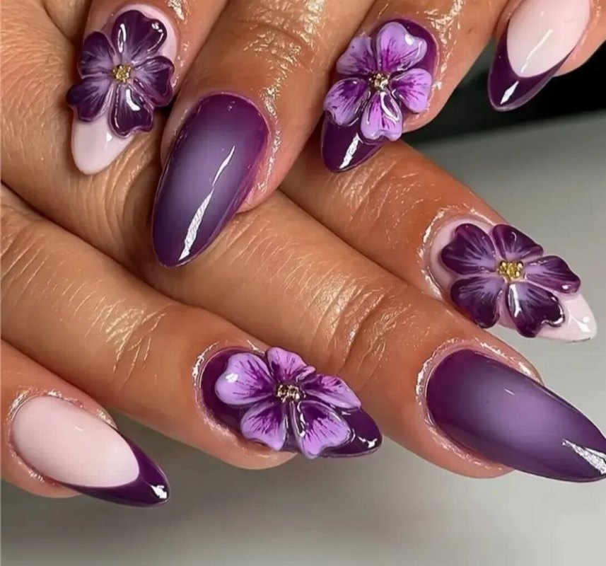 Morun en zarif tonlarıyla buluşan çiçek detaylı protez tırnak - Görsel 2