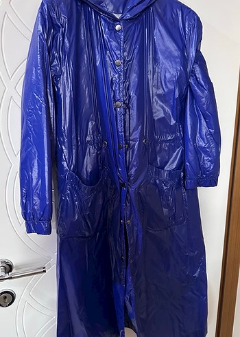 Düğmeli Uzun Lacivert Kadın Yağmurluk - Görsel 6