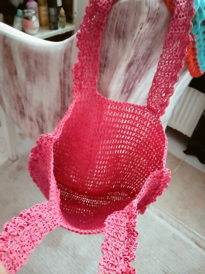 Dantel Detaylı Pembe Örgü Kadın Çanta - Görsel 3