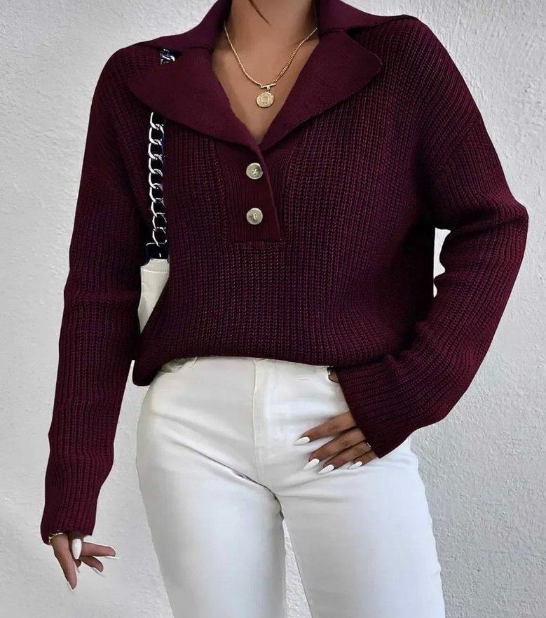 Bordo Düğmeli Örgü Kadın Kazak - Görsel 2