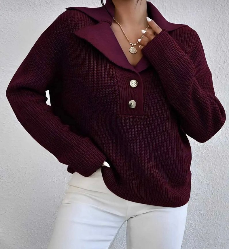 Bordo Düğmeli Örgü Kadın Kazak - Görsel 3