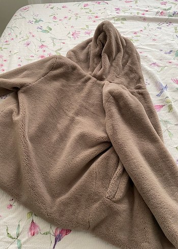 xs Beden Bej Kapüşonlu Kadın Midi Boy Peluş Mont