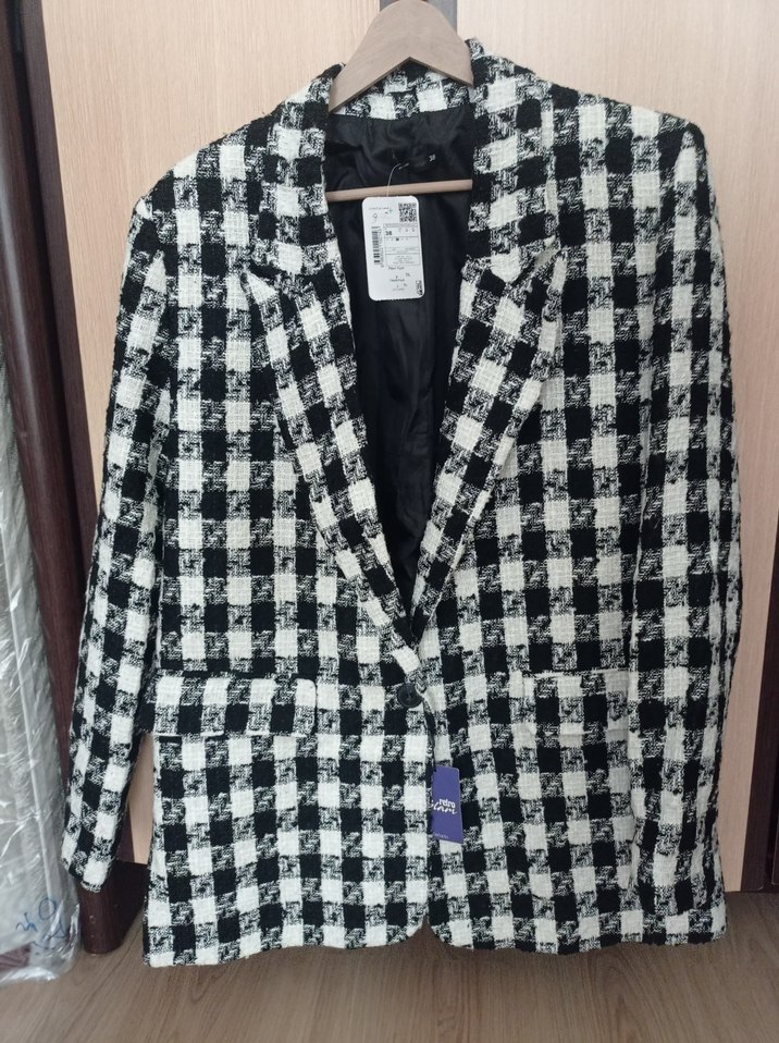 Oversize Fit Kazayağı Desenli Siyah Blazer - Görsel 2