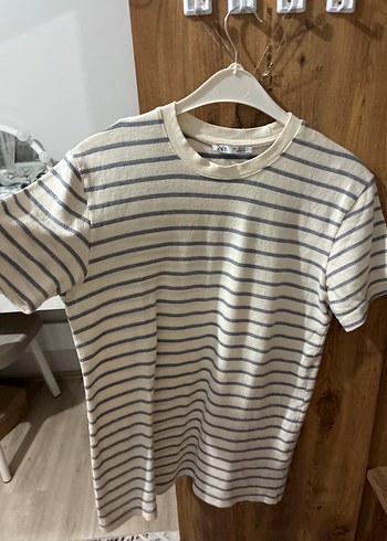 Zara Gri Cizgili Kadin Kisa Kollu Tisort