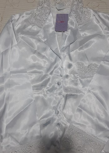Diğer Beyaz Parlak Midi Kadın Kısa Kollu Pijama Takımı