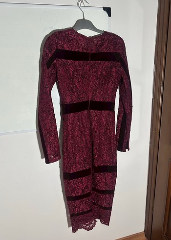 Bordo Dantel Uzun Kollu Kadın Abiye Elbise - Görsel 4