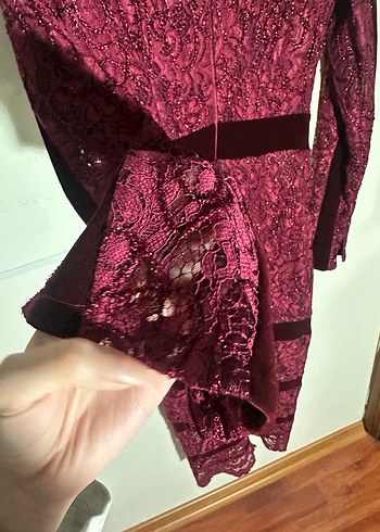 Bordo Dantel Uzun Kollu Kadın Abiye Elbise - Görsel 2