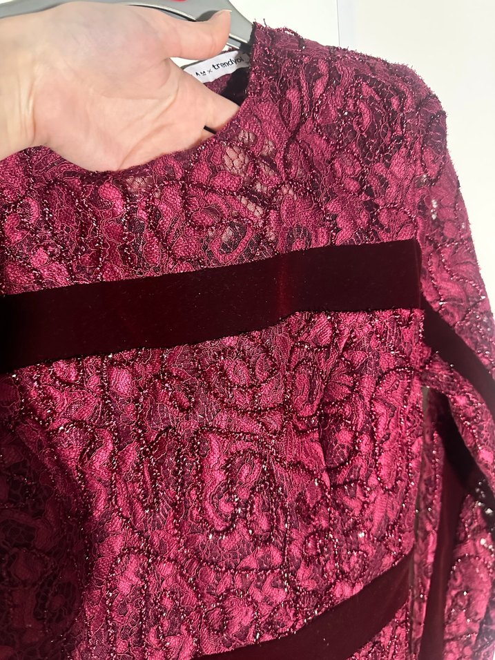 Bordo Dantel Uzun Kollu Kadın Abiye Elbise - Görsel 3