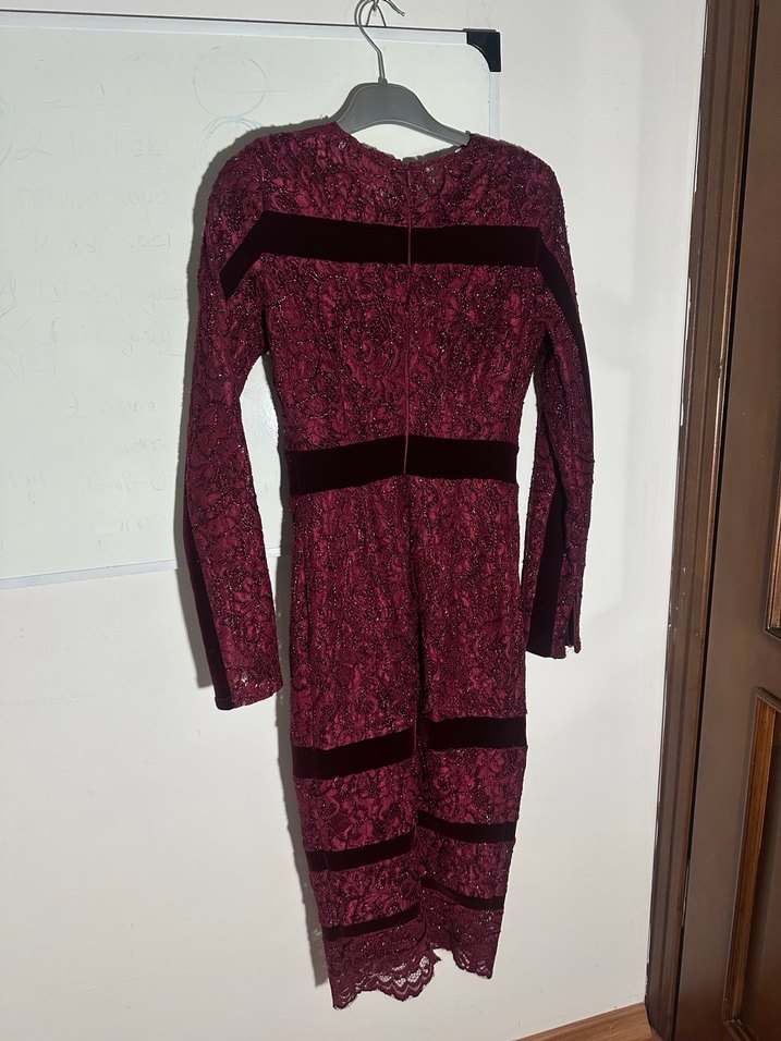 Bordo Dantel Uzun Kollu Kadın Abiye Elbise - Görsel 4