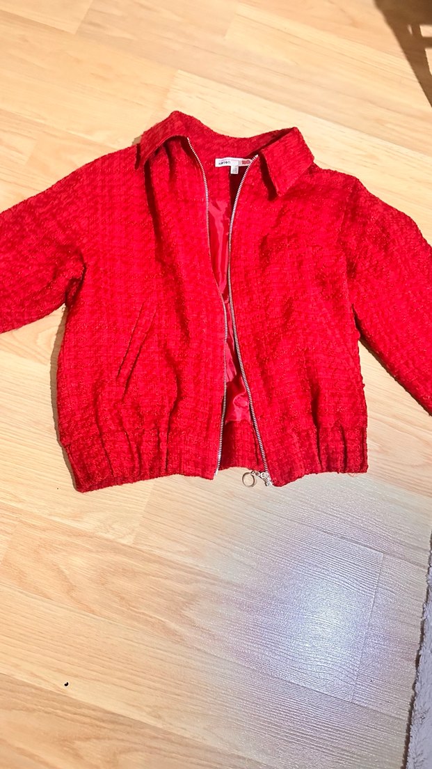 Kadın Kırmızı Fermuarlı Kısa Ceket - Görsel 2