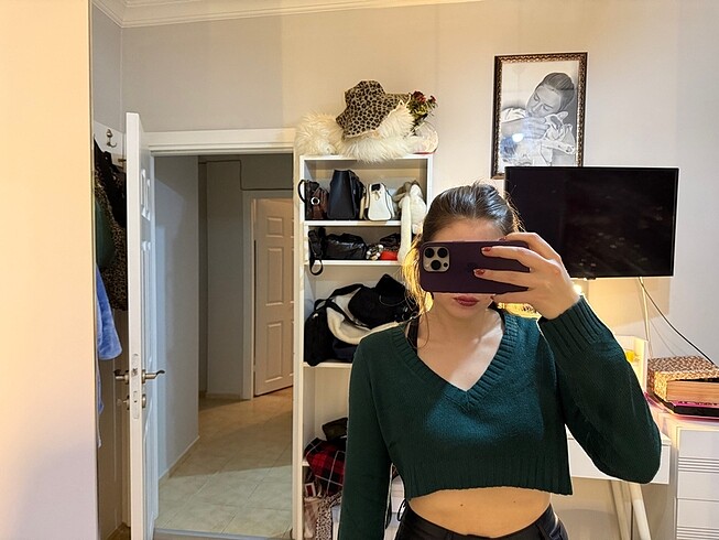 m Beden H&M zümrüt yeşili crop kazak
