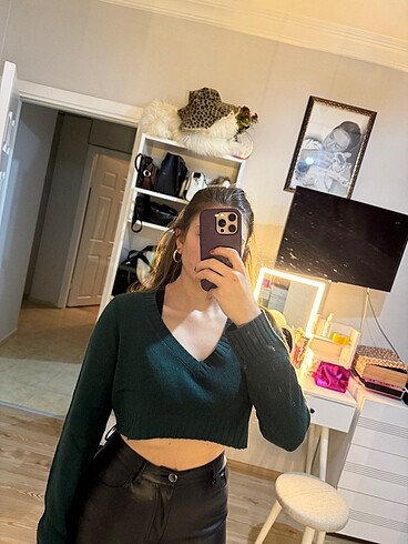 H&M H&M zümrüt yeşili crop kazak