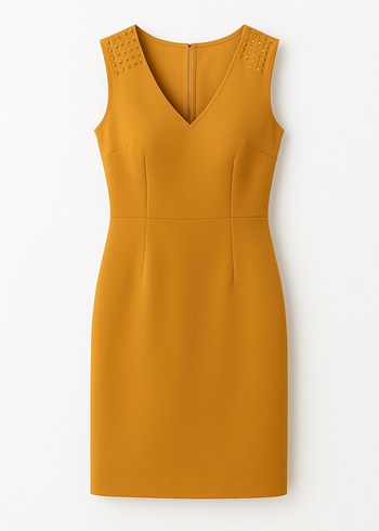 V-Yaka Bej Midi Kadın Triko Elbise - Görsel 2