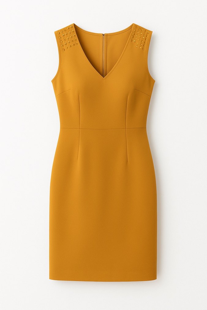 V-Yaka Bej Midi Kadın Triko Elbise - Görsel 2