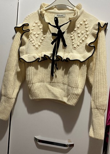 Beyaz Nakışlı Bohem Triko Mini Kazak - Görsel 2