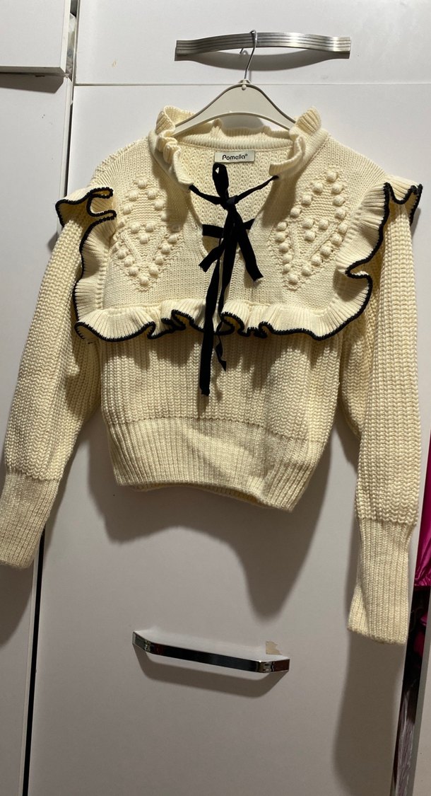 Beyaz Nakışlı Bohem Triko Mini Kazak - Görsel 2